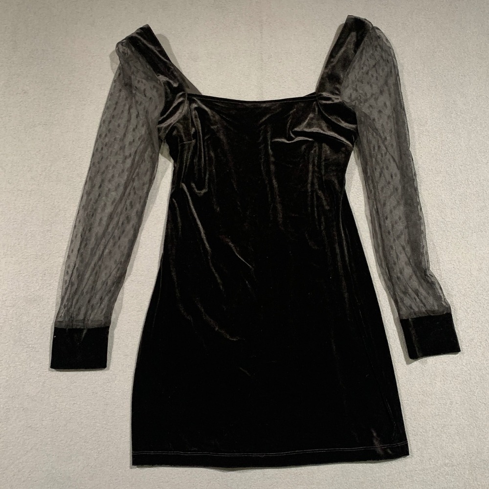 Gothic Fairy XXL Black Velvet Mini Dress Long Sheer Sleeve Party‎ Cocktail
